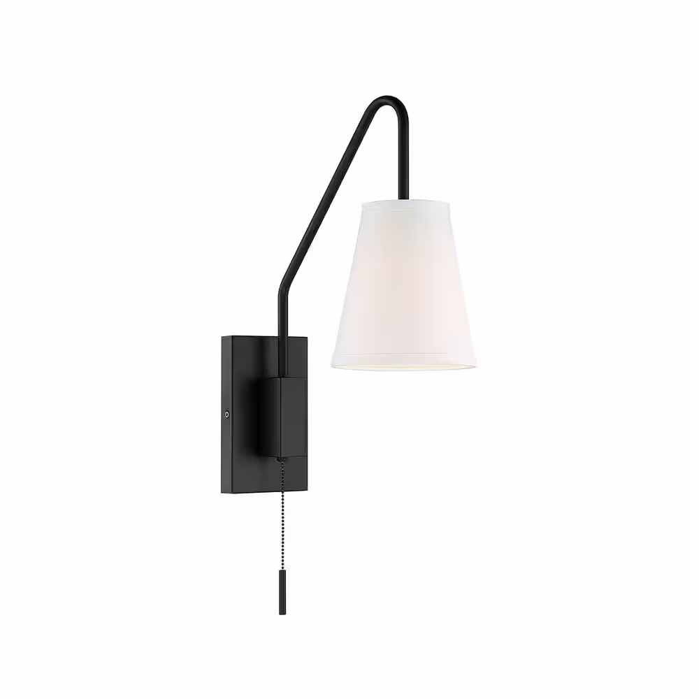 Savoy House Owen 6 in. W x 18 in. H 1-Light Matte Black Wall Sconce with White Fabric Shade, On/Off Pull Chain, Optional Cord/Plug