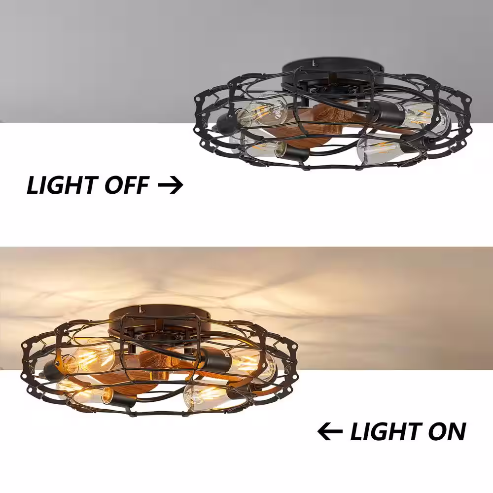 None 20 in. 4-Light Indoor Black Low Profile Ceiling Fan with Light Farmhouse Caged Ceiling Fan with Remote Wood Grain Blades