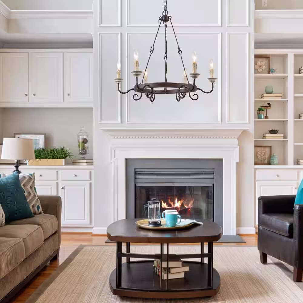 LNC 6-Light Modern Farmhouse Bronze Candlestick Chandelier Wagon Wheel Pendant Ceiling Light for Dining Room/Kitchen Island