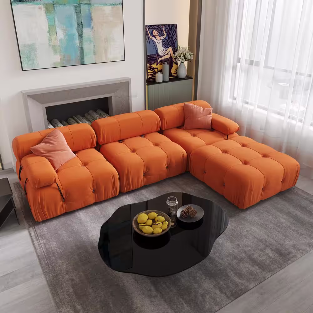J&E Home 113.4 in. W Orange Square Arm Velvet L-Shaped 3-Seater Free Combination Sofa