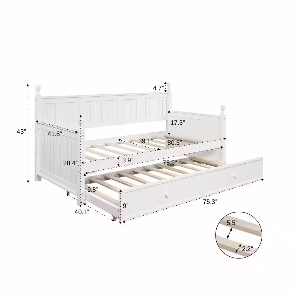 Harper & Bright Designs White Wood Twin Size Daybed with Trundle