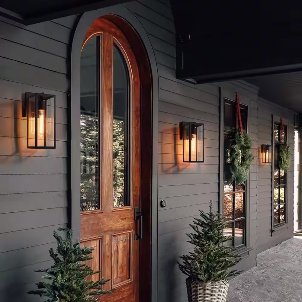 LNC Rustic Matte Black Outdoor Wall Sconce 1-Light Classic Cage Wall Lantern for Patio with Clear Glass Shade