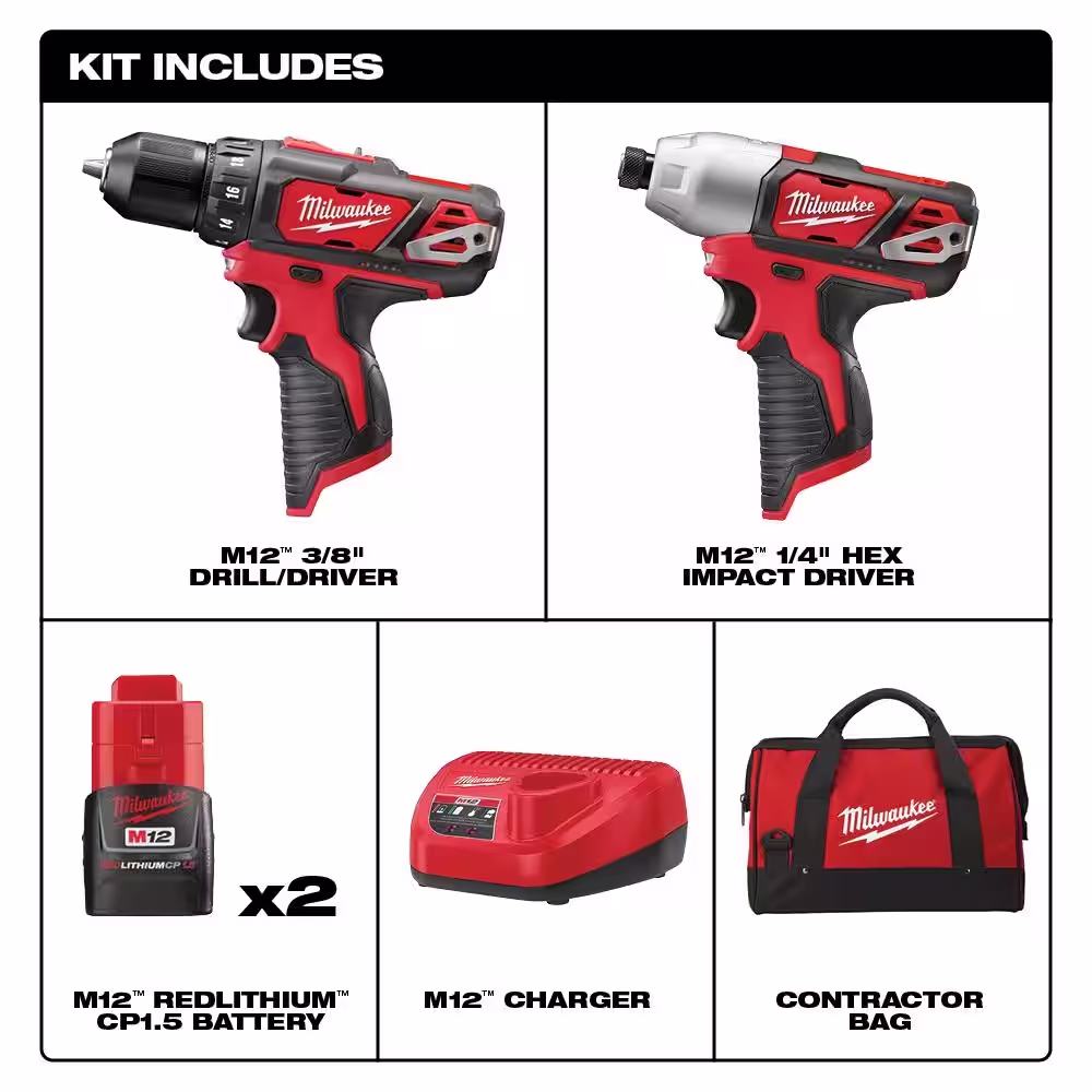 Milwaukee M12 12V Lithium-Ion Cordless Drill Driver/Impact Driver Combo Kit w/Two 1.5Ah Batteries and 10 oz. Adhesive & Caulk Gun