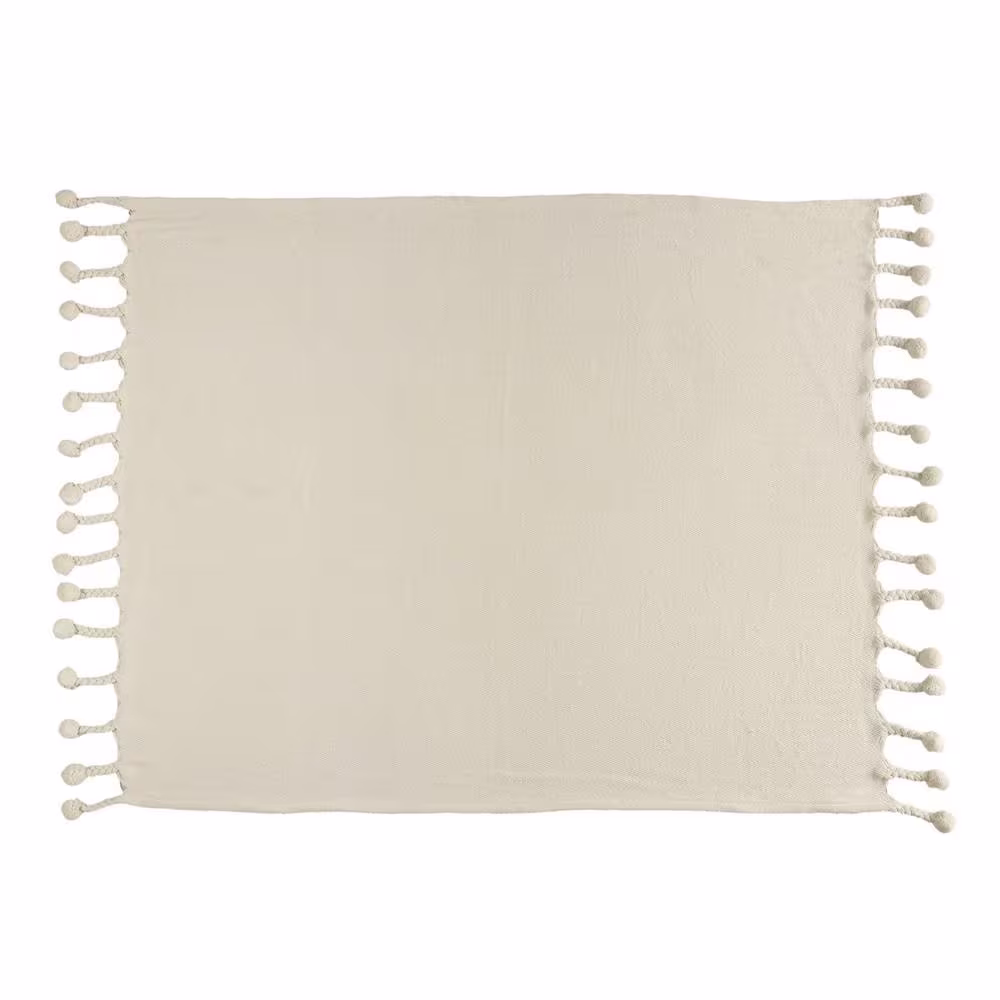 LR Home Gemma Embroidery Braided Cream Chevron Herringbone Cotton Throw Blanket