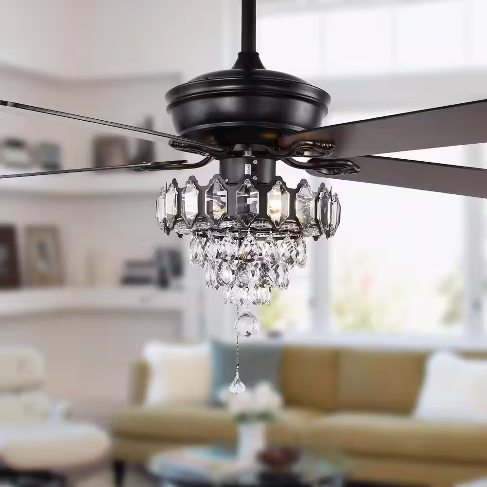 Oaks Aura Gaggiano 52 in. Indoor Black 5 Reversible Blades Glam Crystal Ceiling Fan with Light Remote Included Fandelier