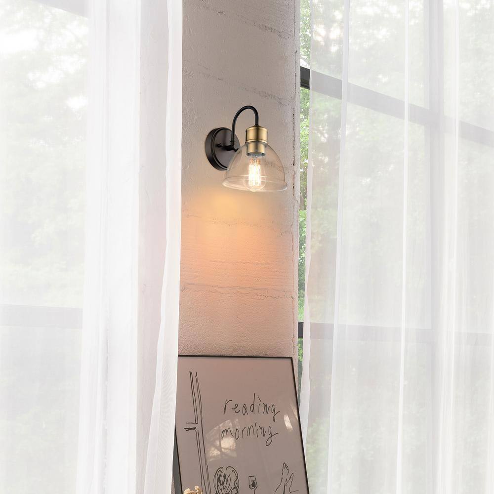 Globe Electric Brown 4.92 in. Dark Bronze Sconce with Antique Brass Socket and Clear Glass Shade