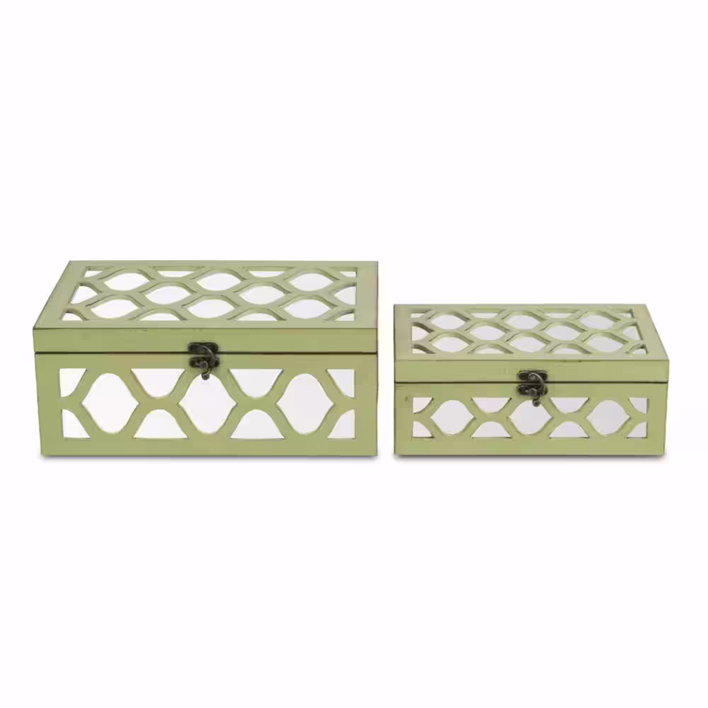 HomeRoots Green Quatrefoil Mirror Jewelry Storage Boxes