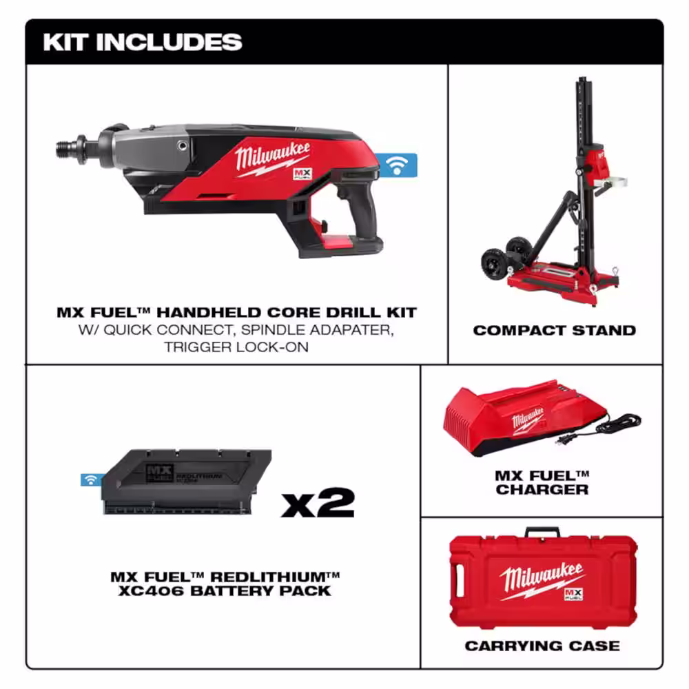 Milwaukee MX FUEL Lithium-Ion Cordless Handheld Core Drill Kit with Stand and M18 4 Gal. Switch Tank Backpack Water Supply Kit