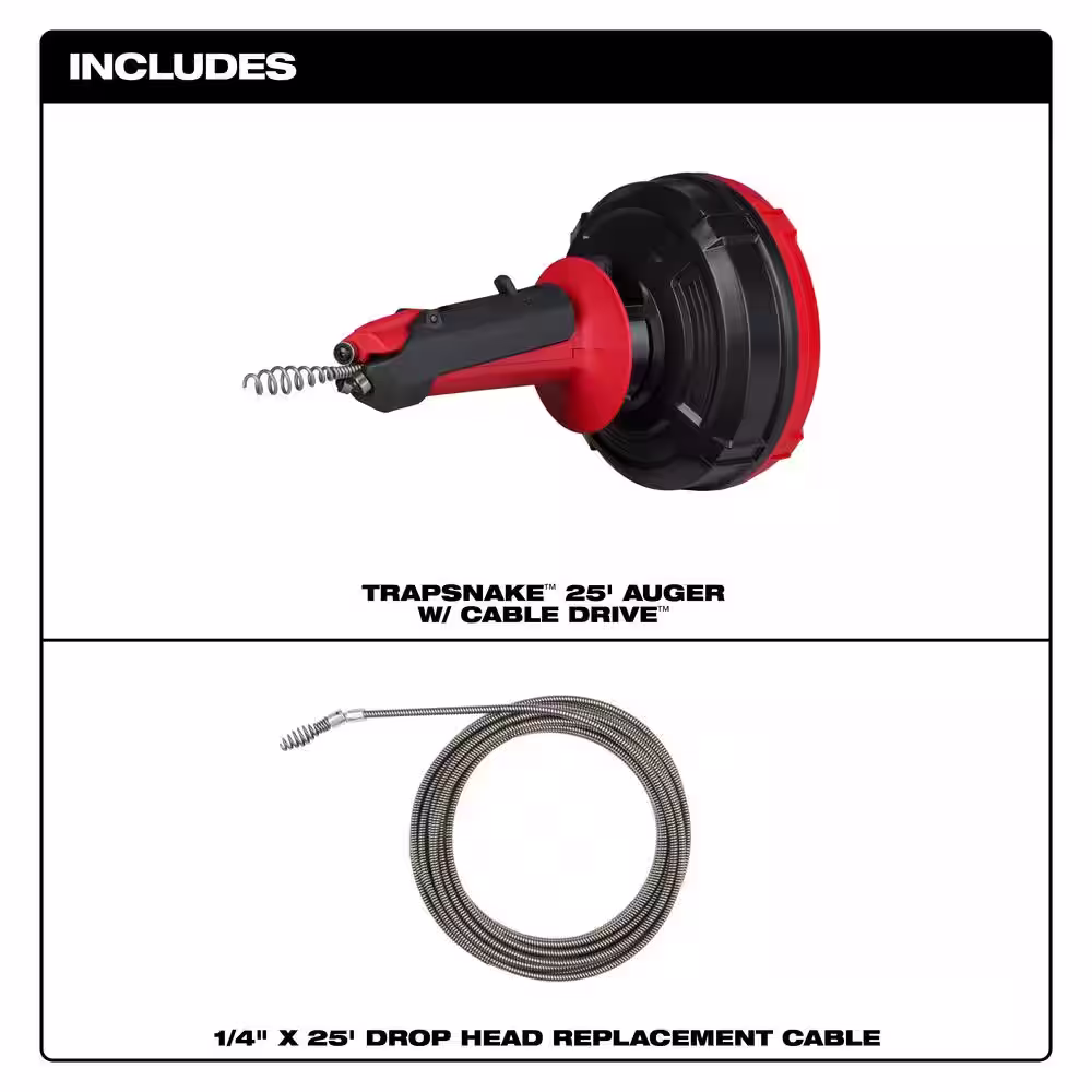 Milwaukee Trap Snake 25 ft. Drum Auger Set with 25 ft. x 1/4 in. Drop Head Cable (2-Piece)