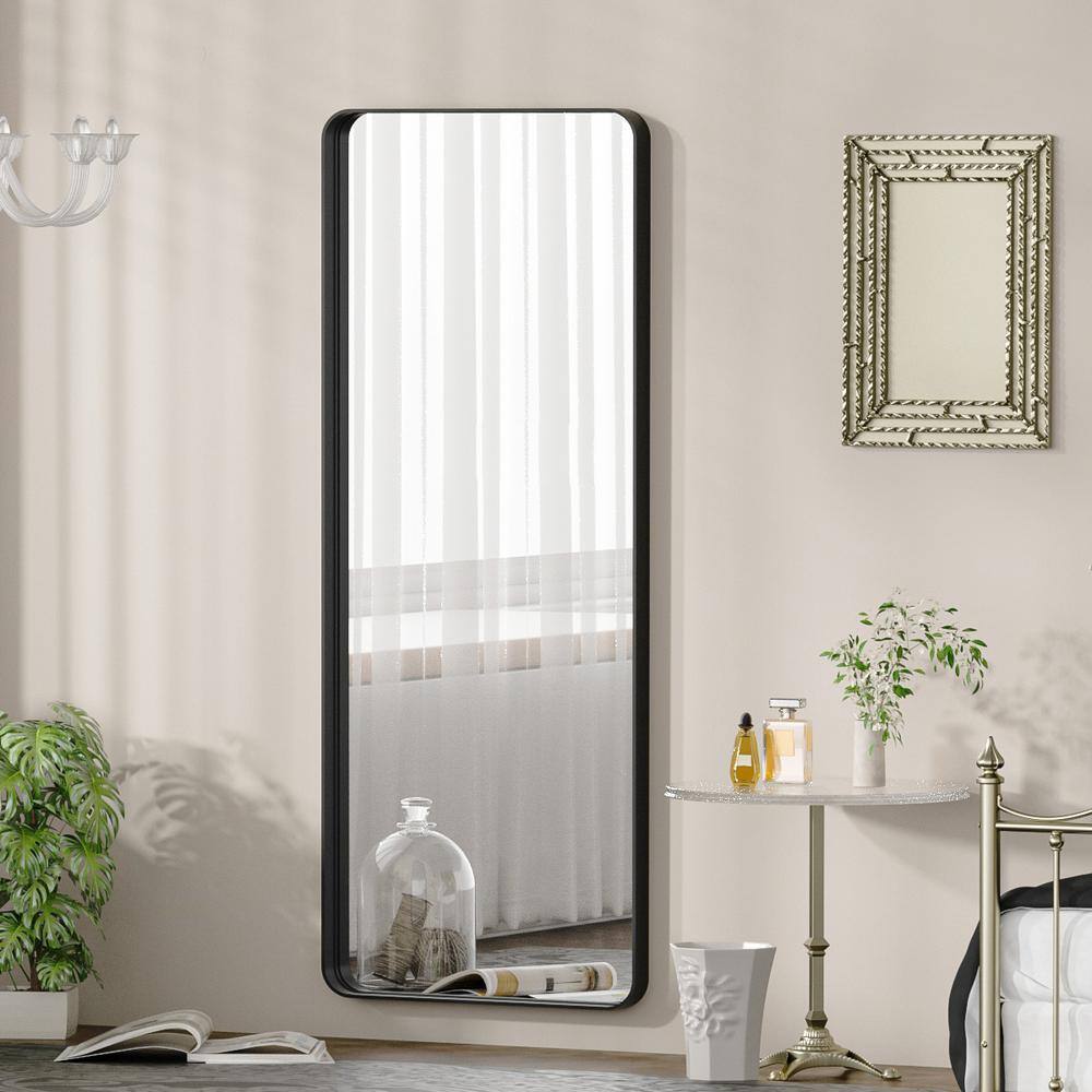 None 21 in. W x 64 in. H Rectangular Modern Black Aluminum Framed Rounded Full Length Mirror