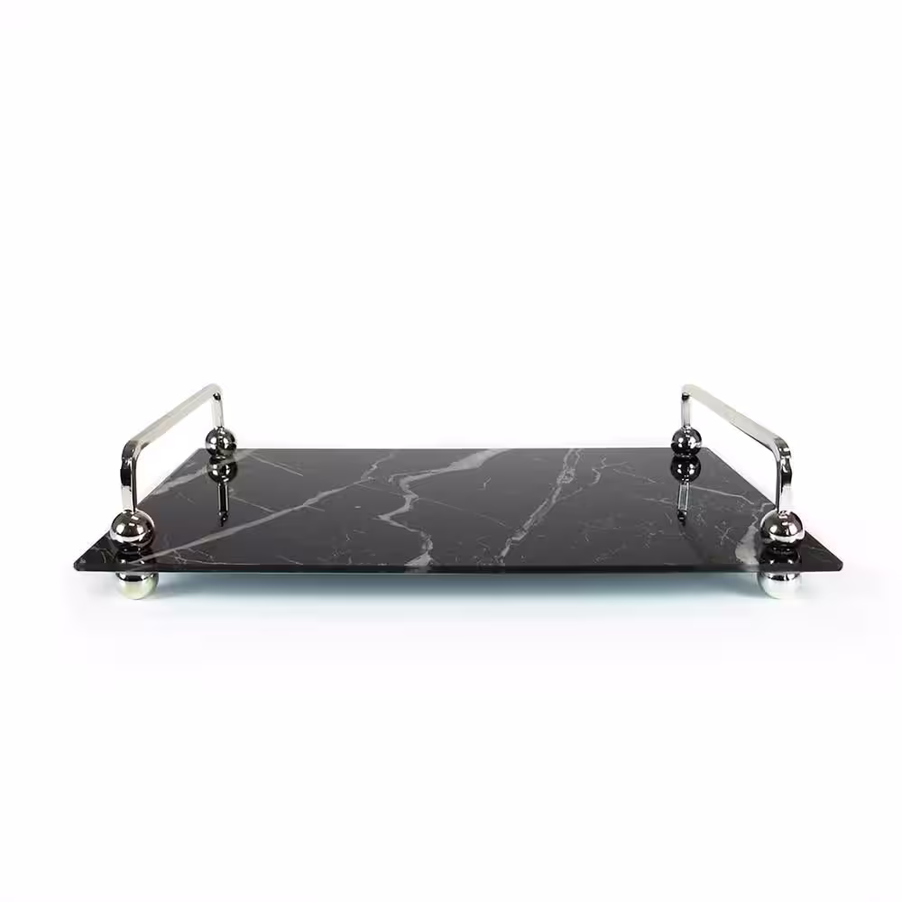 None Rectangle Marble Look Glass Black Decorative Tray with Silver Handles 13.5 in.