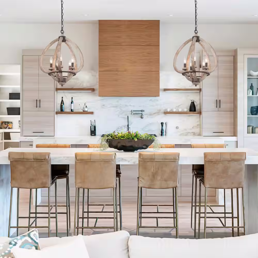 Uolfin Modern Farmhouse Candlestick Wood Chandelier, 5-Light Lantern Dining Room Chandelier Hanging Pendant Light