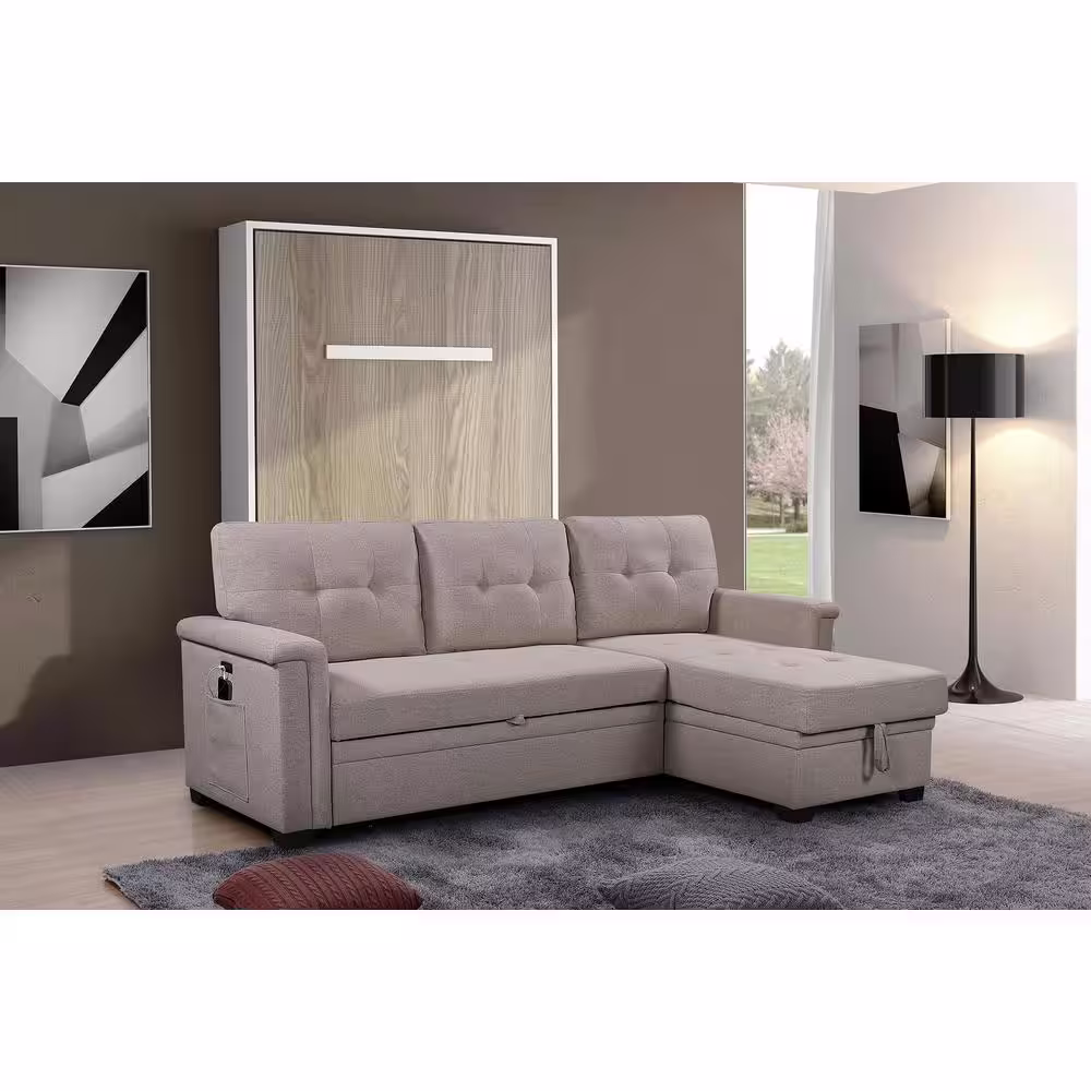 SIMPLE RELAX 84 in. W Reversible Sleeper Sectional Fabric Sofa with Storage Chaise and Pocket in Light Gray