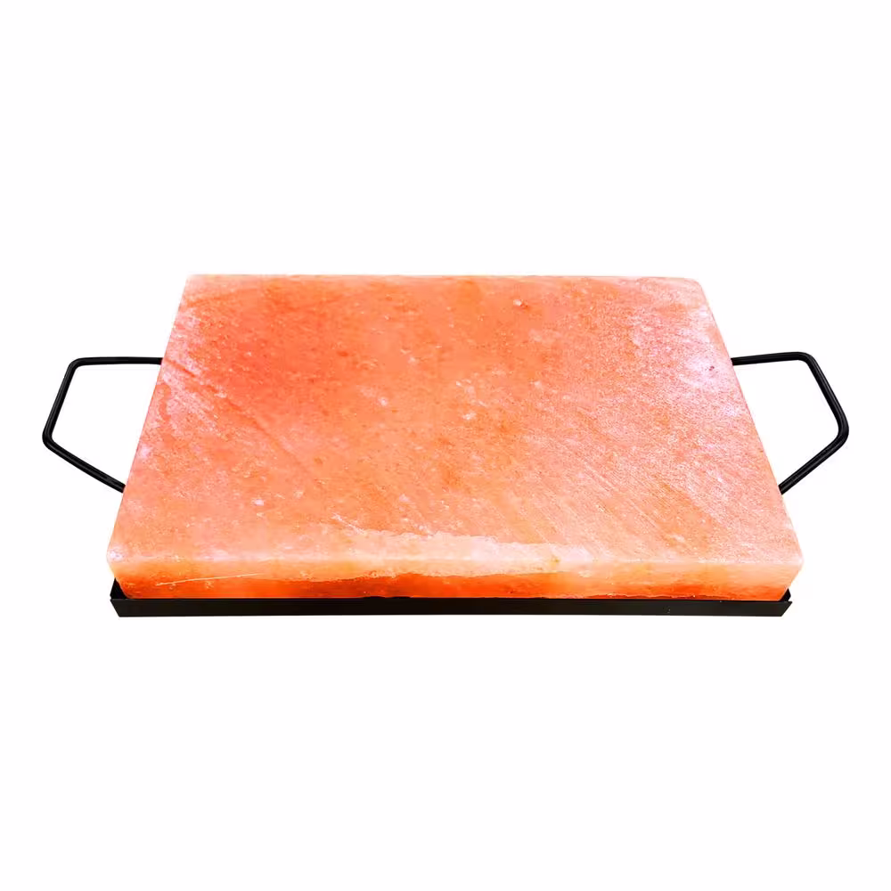 Outset Pink Himalayan Salt Plank with Holder Tray for Cooking, Serving and Cutting Block