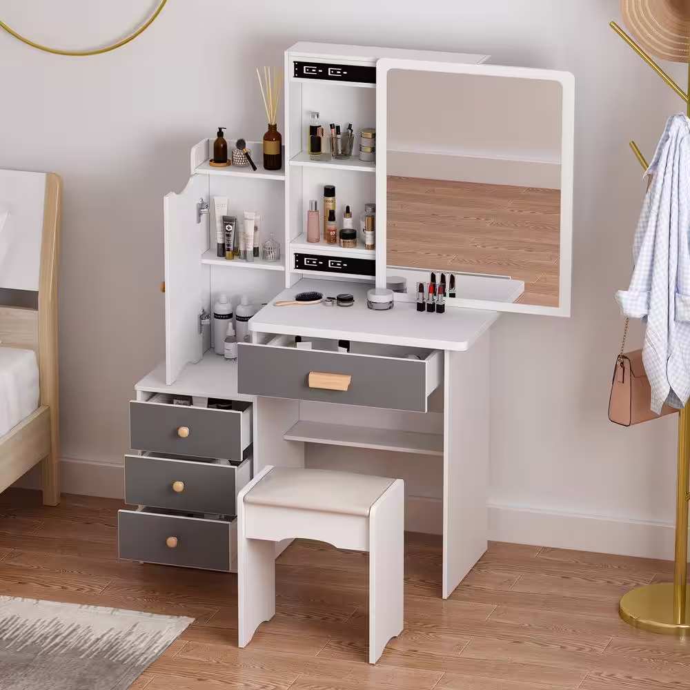 FUFU&GAGA 4-Drawers Gray Wood Makeup Vanity Table Stool Set Rectangle Mirror with Storage Shelves