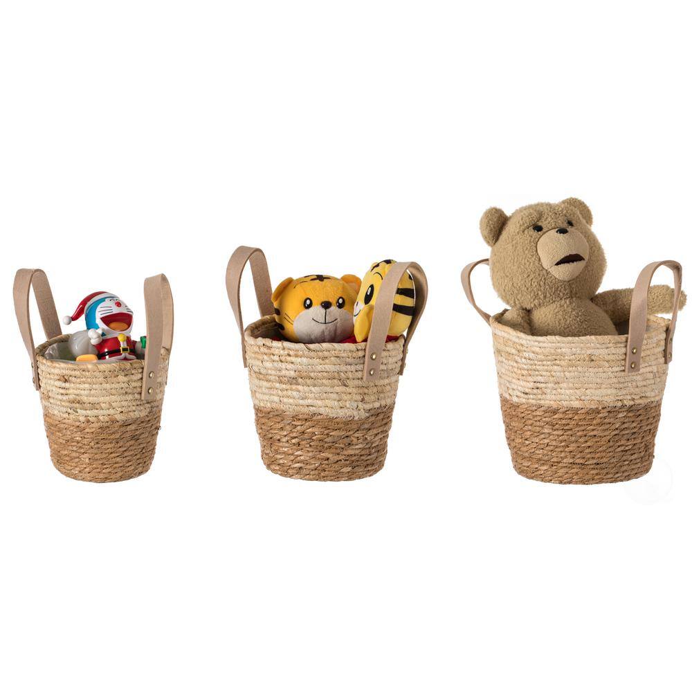 Vintiquewise Brown Decorative Corn Rope-Straw Round Storage Basket with Rope Handles (Set of 3)