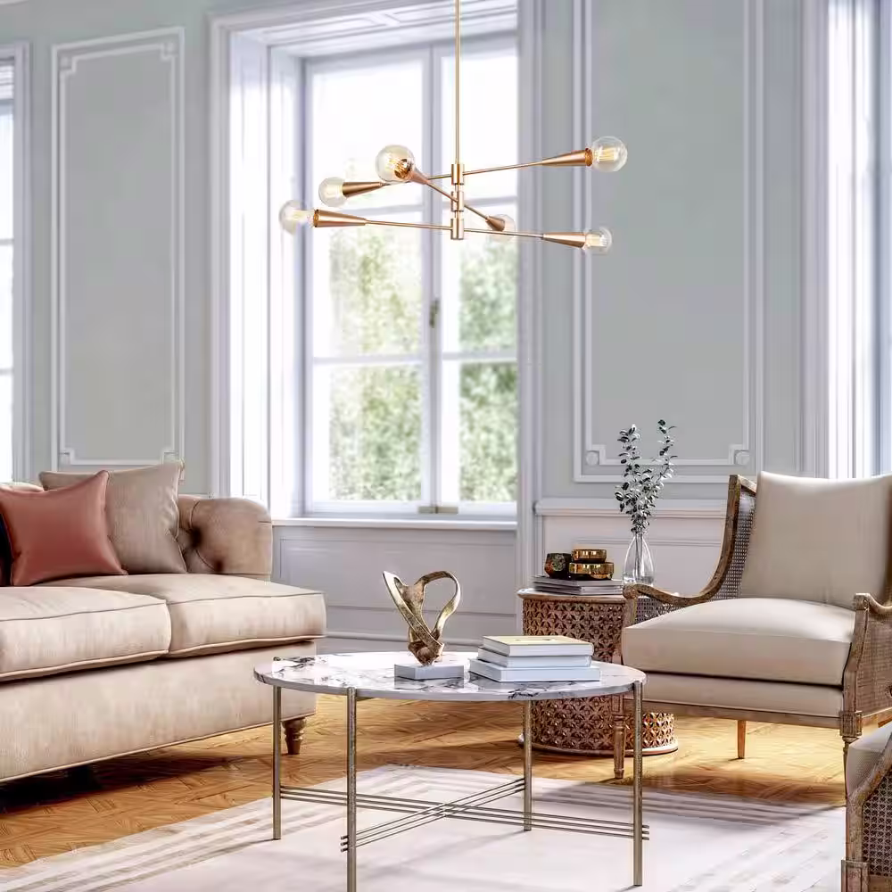 Uolfin Transitional Dining Room Chandelier 31 in. Modern Sputnik Chandelier 6-Light Brass Gold Tiered Kitchen Island Chandelier