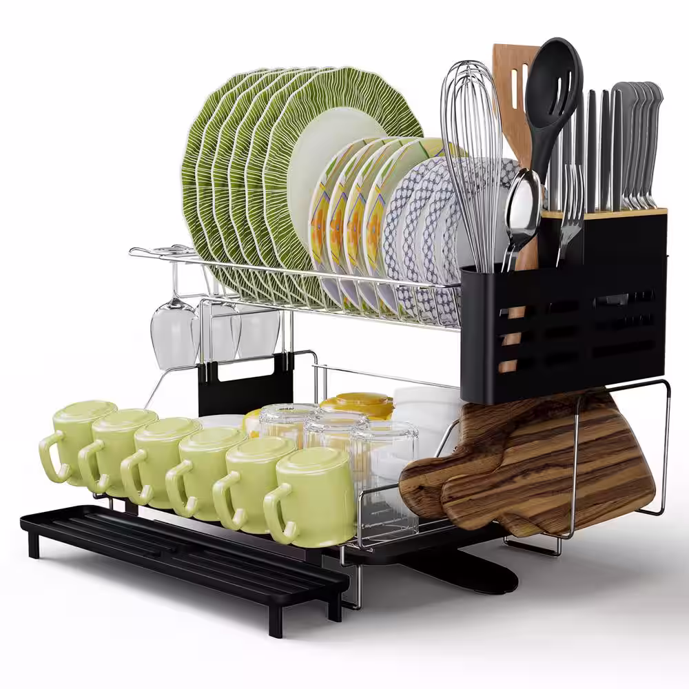 Costway Silver and Black Drying Dish Rack Detachable 2 Tier Dish Rack with Drainboard for Kitchen Counter