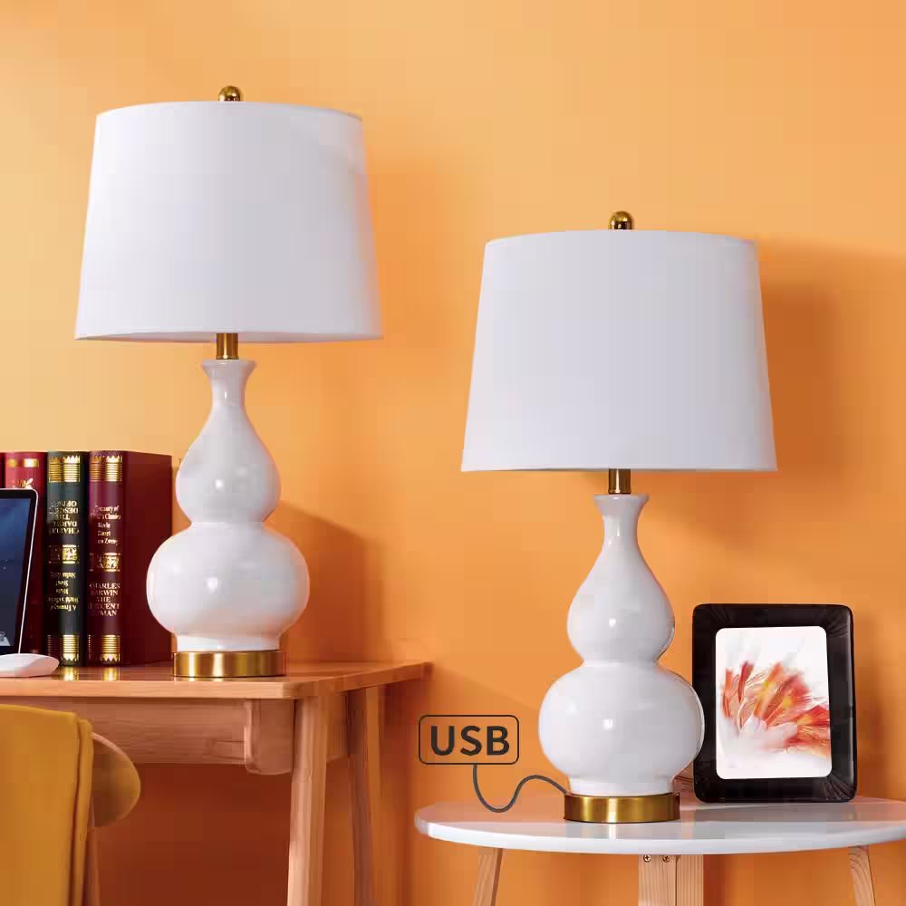 Maxax Sacramento 26 .75 in. White Table Lamp Set with USB (Set of 2)