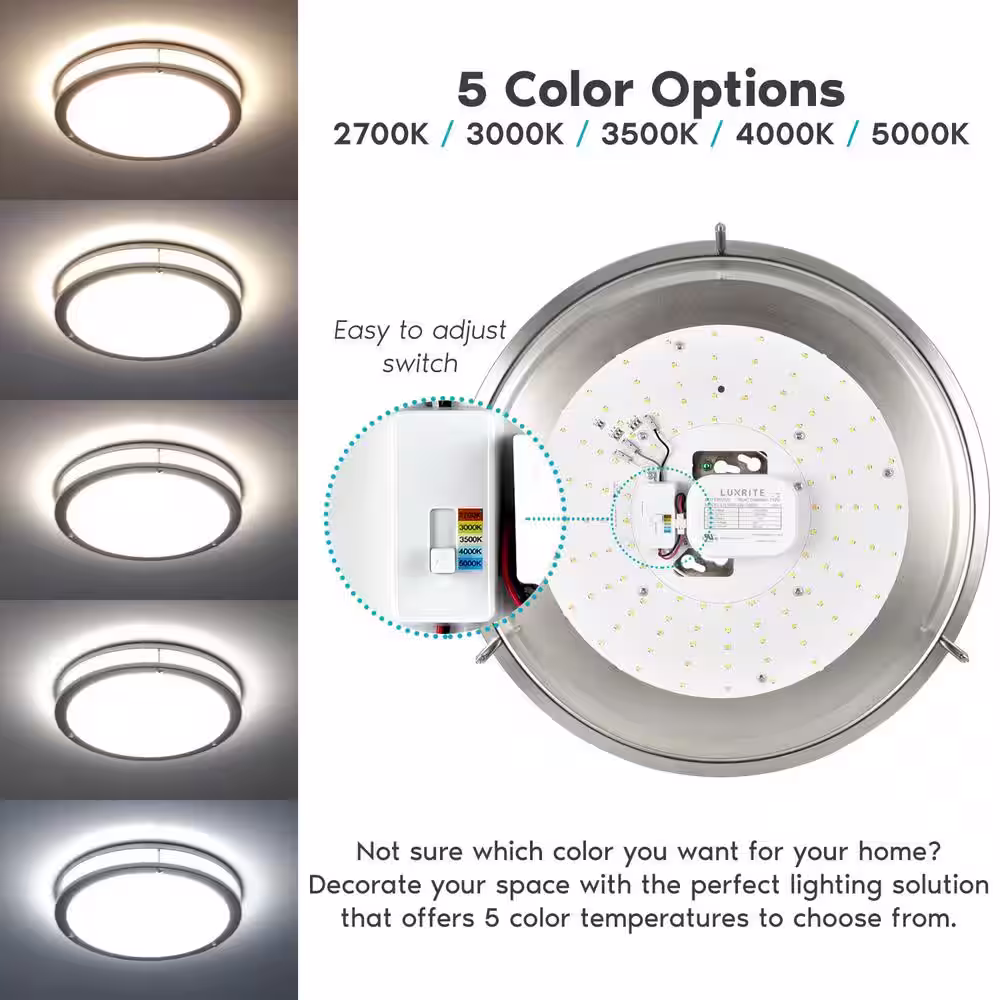 LUXRITE 24-Watt 16 in. 3 Color Selectable LED 2700K/3000K/3500K/4000K/5000K Flush Mount Dimmable Fixture 1960 Lumens ETL Listed