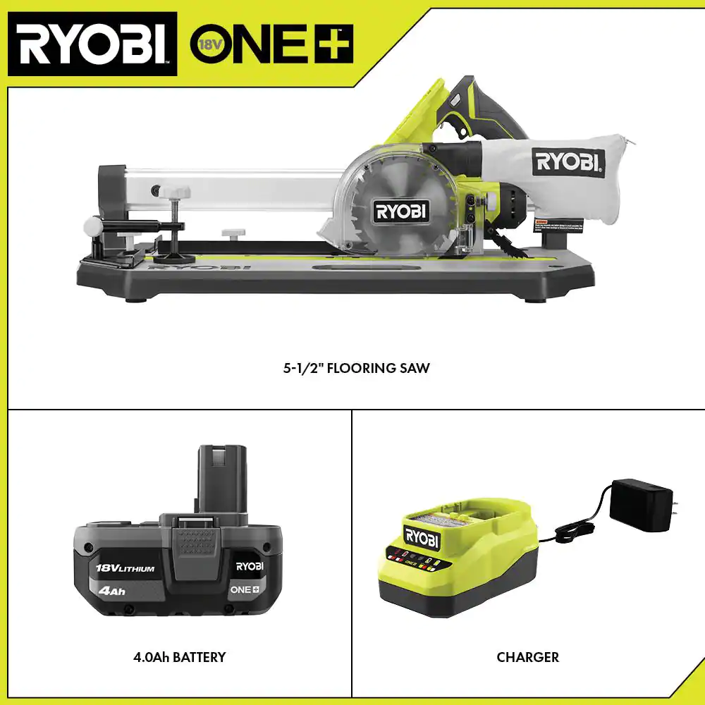 RYOBI ONE+ 18V Cordless 5-1/2 in. Flooring Saw Kit with Blade, 4.0 Ah Battery, and Charger