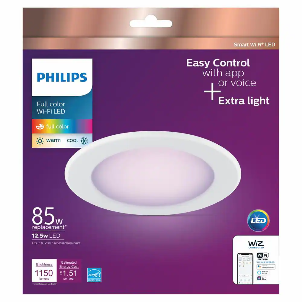 Philips 5 in. /6 in. Integrated LED Color and Tunable White 85W Equivalent Dimmable Smart Wi Fi Wiz Remodel Recessed Light Kit
