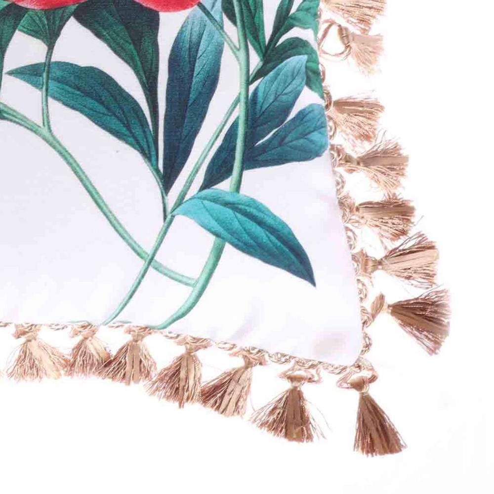 None Simone Floral Red, Green, White, Copper Flower Print with All Arround Tassel Edge 18 in. x 18 in. Throw Pillow