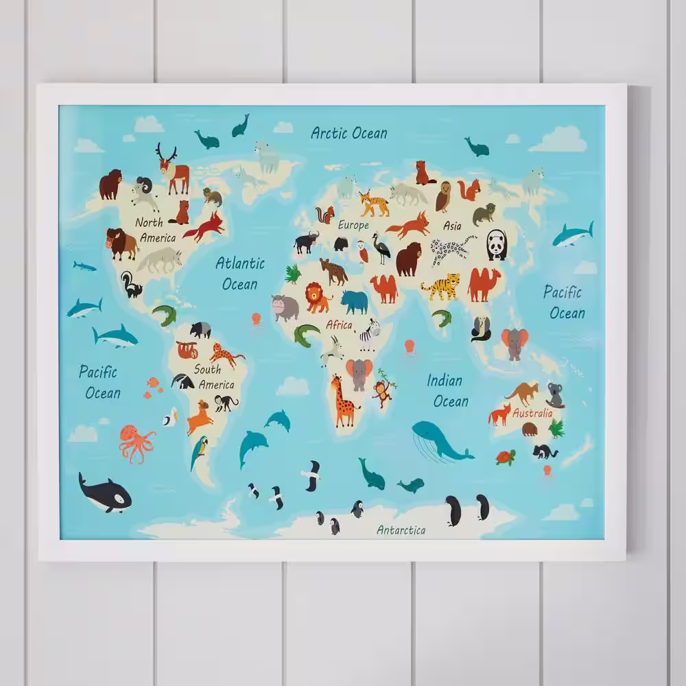 STYLEWELL KIDS World Map White Framed Wall Art (17 in. W x 21 in. H)
