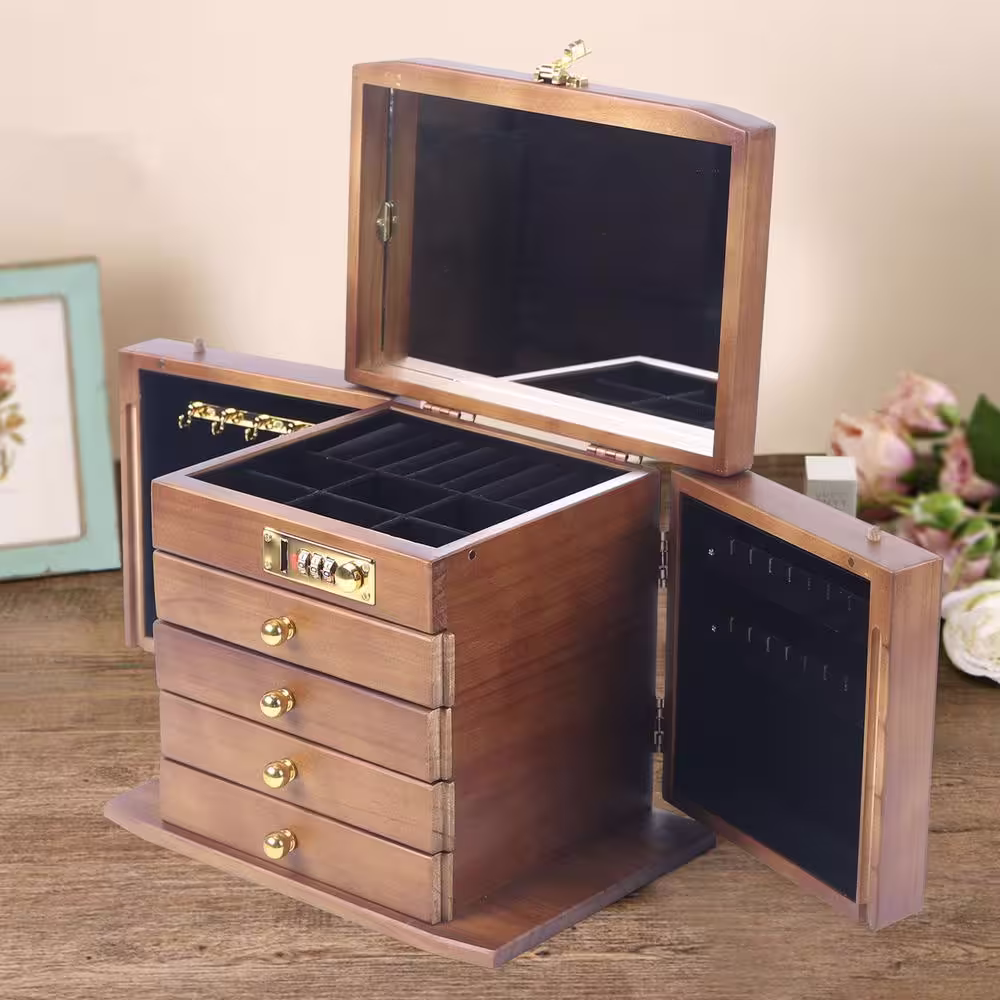 None 5 Layer Wooden Jewelry Box with Combo Lock
