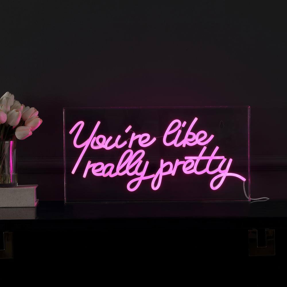 JONATHAN Y You're Like Really Pretty 19.6 in. x 10.1 in. Contemporary Glam Acrylic Box USB Operated LED Neon Night Light, Pink