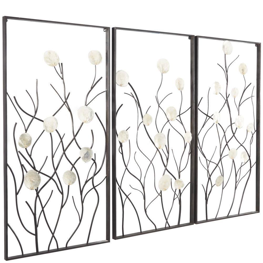 Litton Lane Metal Black Floral Wall Decor with Capiz Accents (Set of 3)