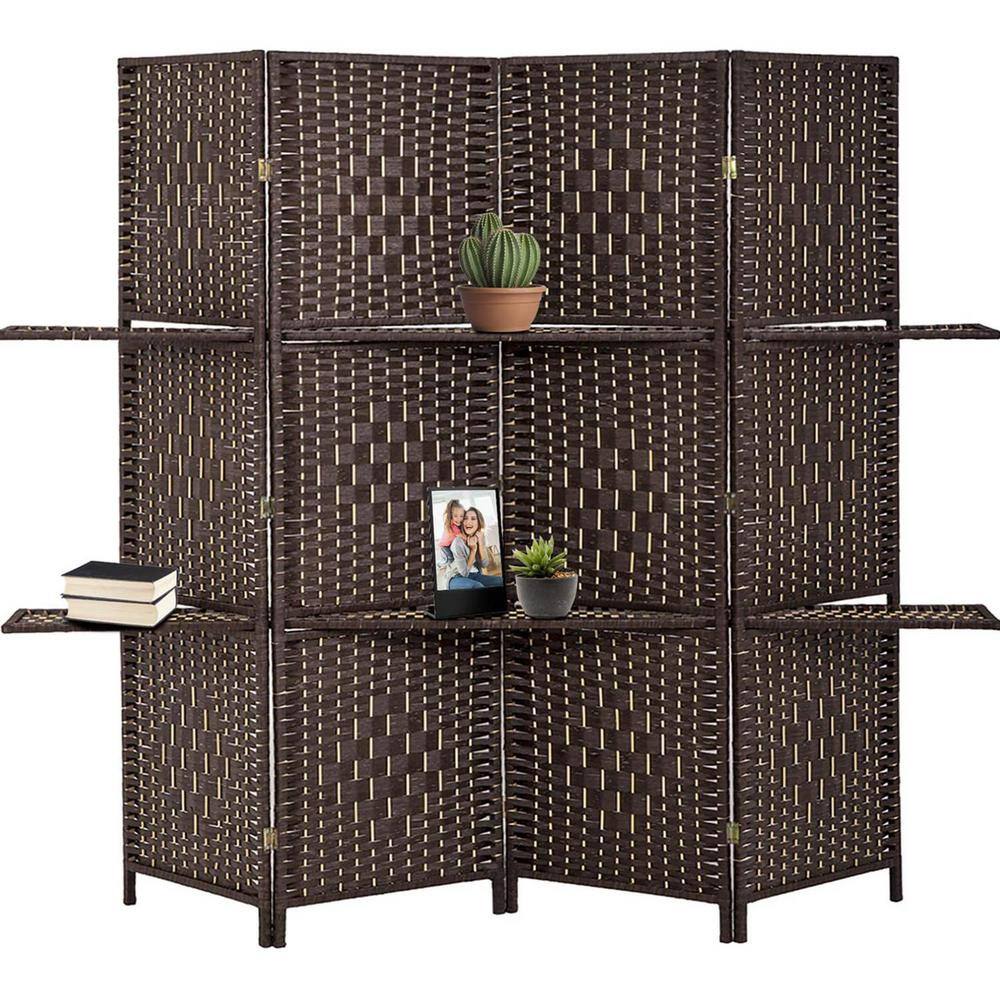 ORE International Espresso Brown Paper Straw Weave W/ One 63 in. L Shelving 4-Panel Screen Handcrafted Room Divider