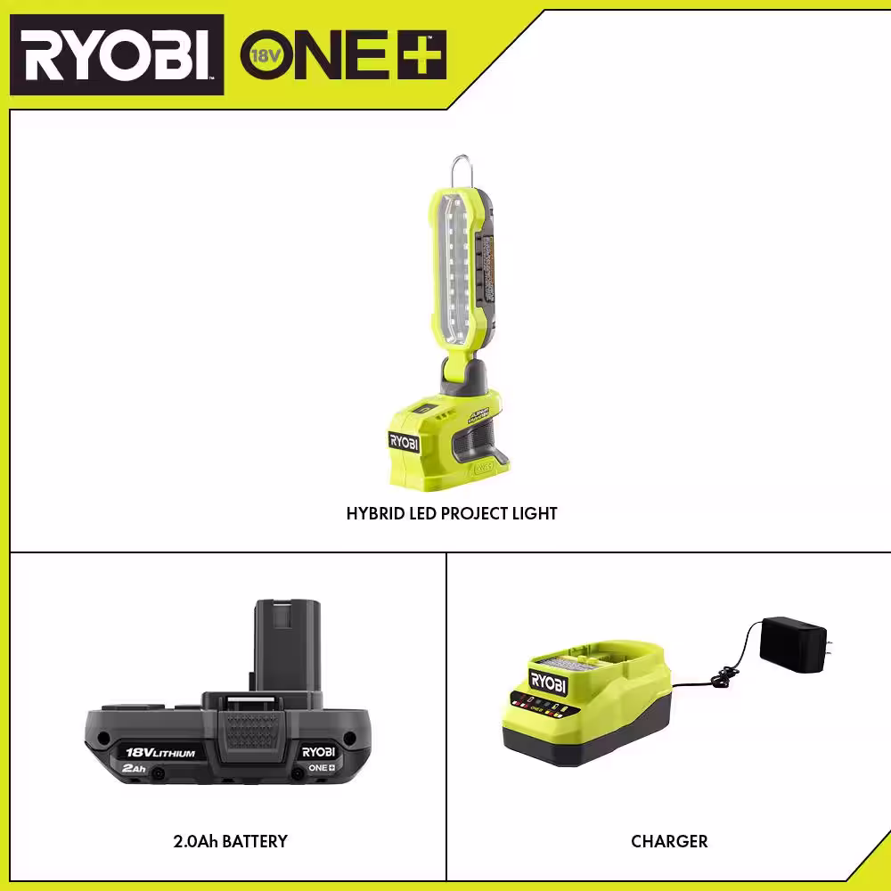 RYOBI ONE+ 18V Hybrid LED Project Light and 2.0 Ah Compact Battery and Charger Starter Kit