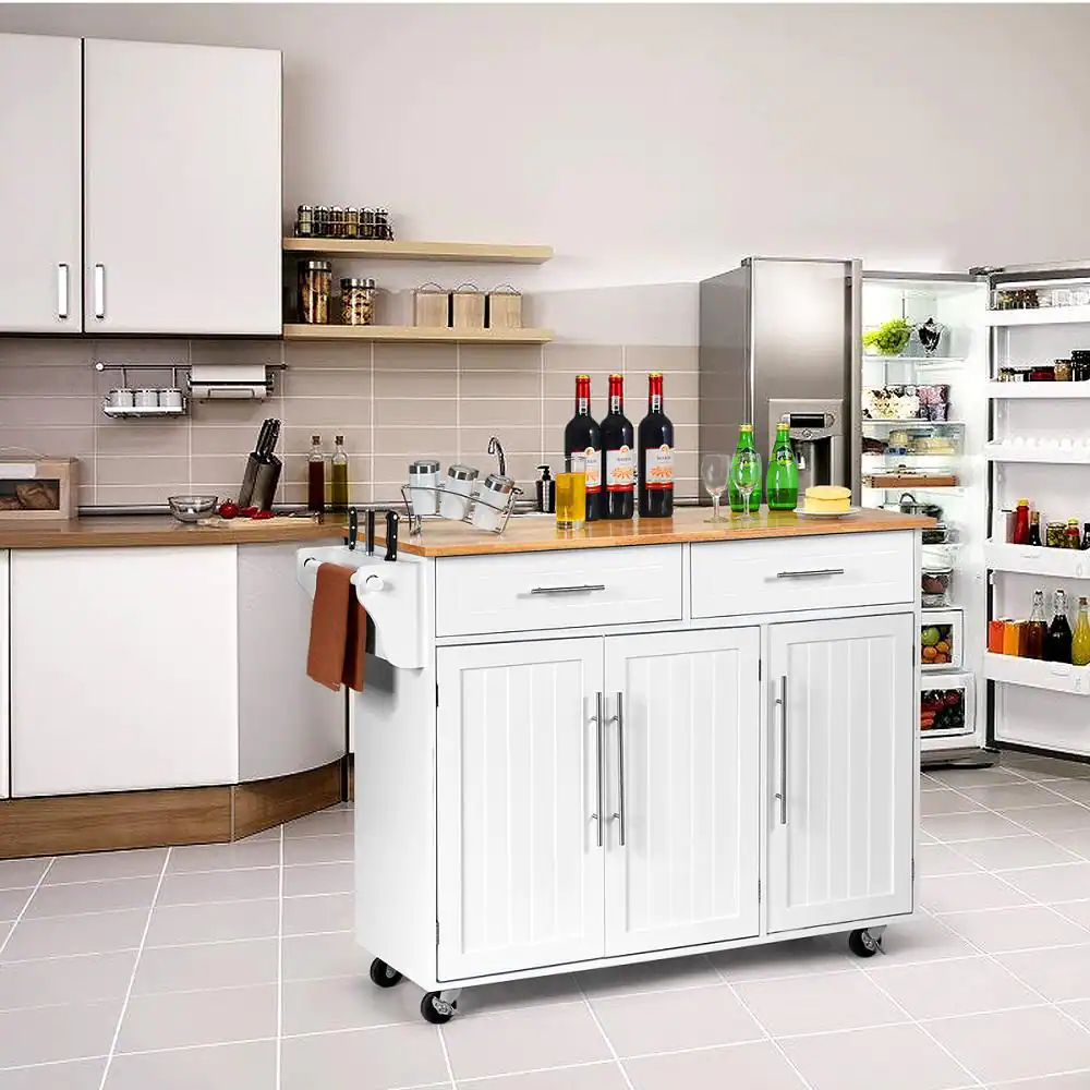 Costway 48 in. White Rolling Kitchen Island Cart with Natural Wood Top and Knife Block
