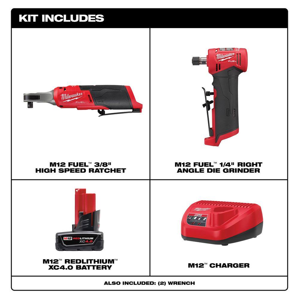 Milwaukee M12 FUEL 12-Volt Lithium-Ion Brushless Cordless 3/8 in. Ratchet and M12 FUEL 1/4 in. Die Grinder with Battery & Charger