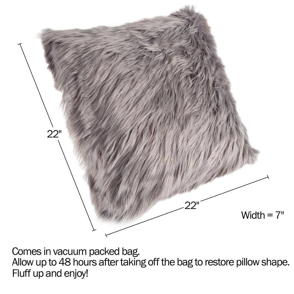 None Gray Faux Himalayan Fur Floor 22 in. W x 22 in. L Throw Pillow