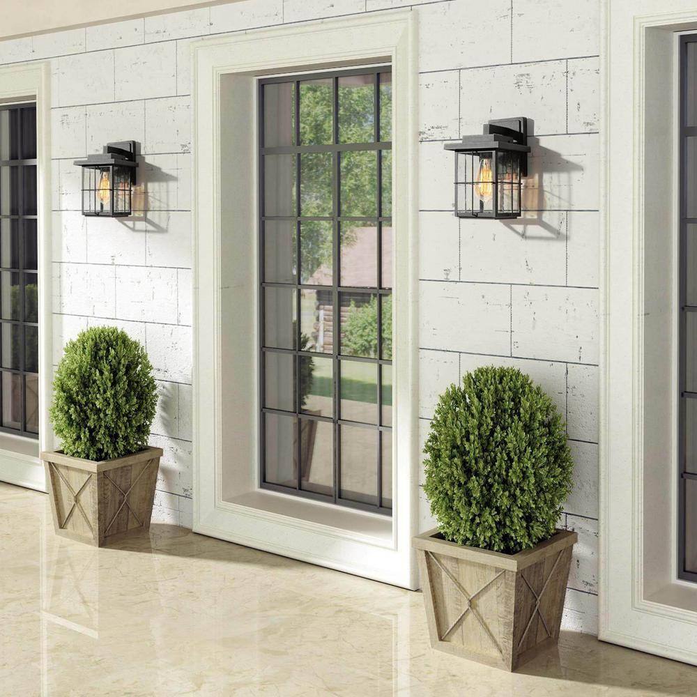 LNC Modern Rustic Square Black Outdoor Sconce with Seeded Glass Shade, 1-Light Wall Lantern For Deck Patio Porch (2-Pack)