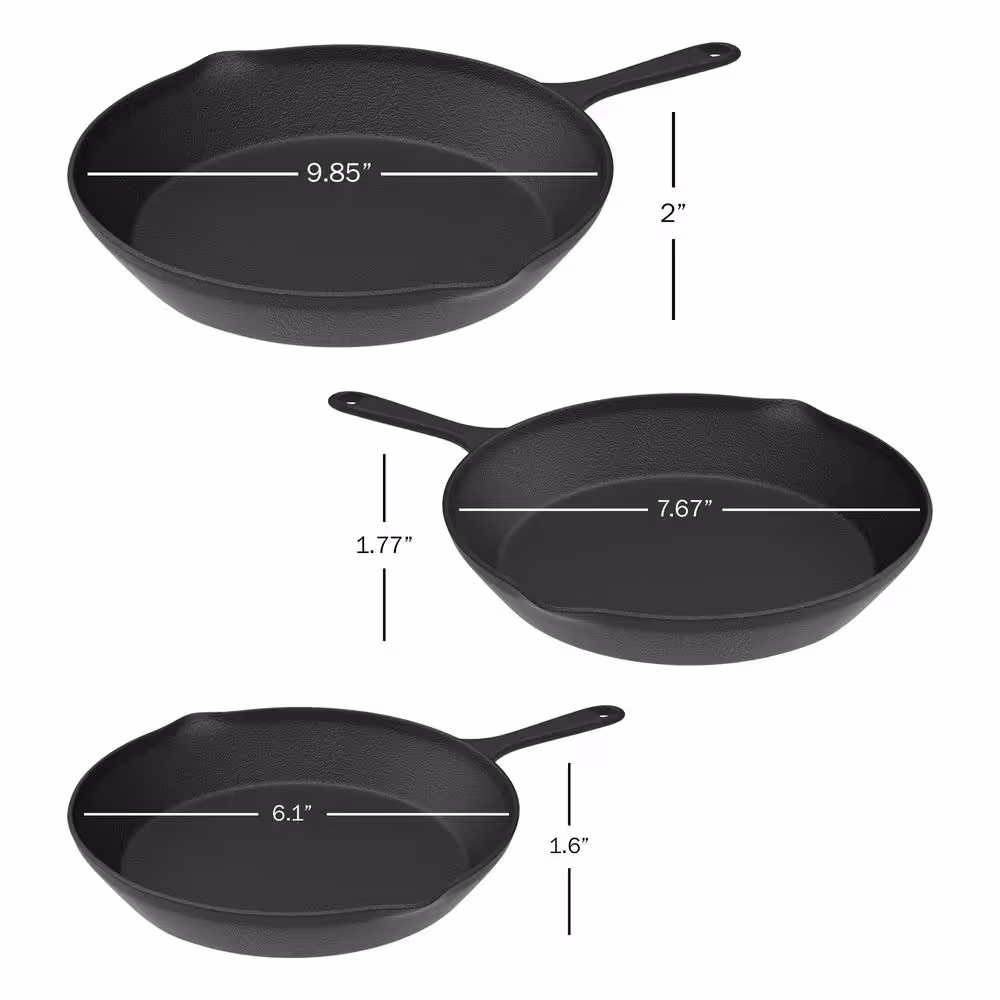 Home-Complete Pre-Seasoned 3-Piece Cast Iron Skillet Set in Black