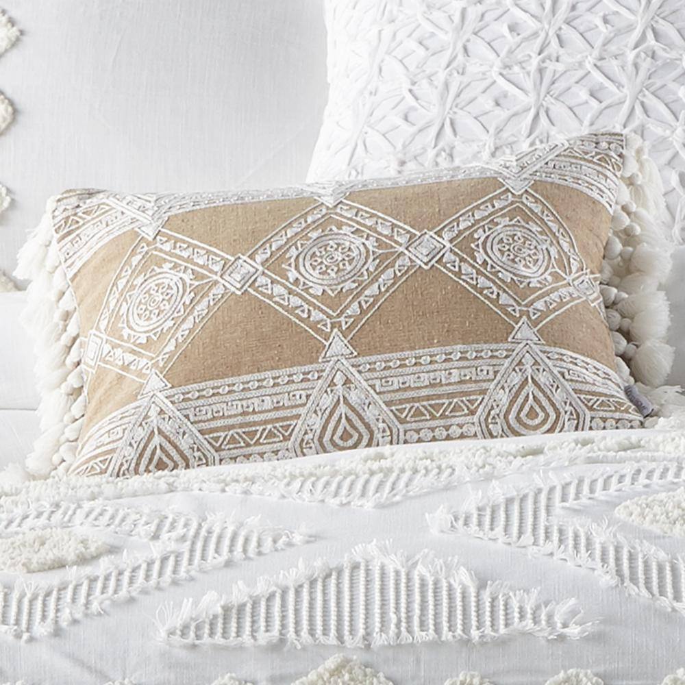 None Harleson Taupe White Embroidered Detailed Diamond Ikat Design With Side Tassels 14 in. x 18 in. Throw Pillow