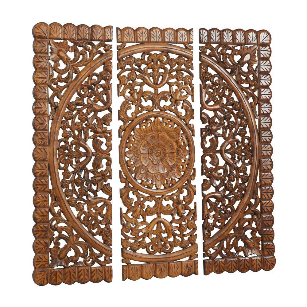 Litton Lane Wood Brown Handmade Intricately Carved Floral Wall Decor with Mandala Design (Set of 3)