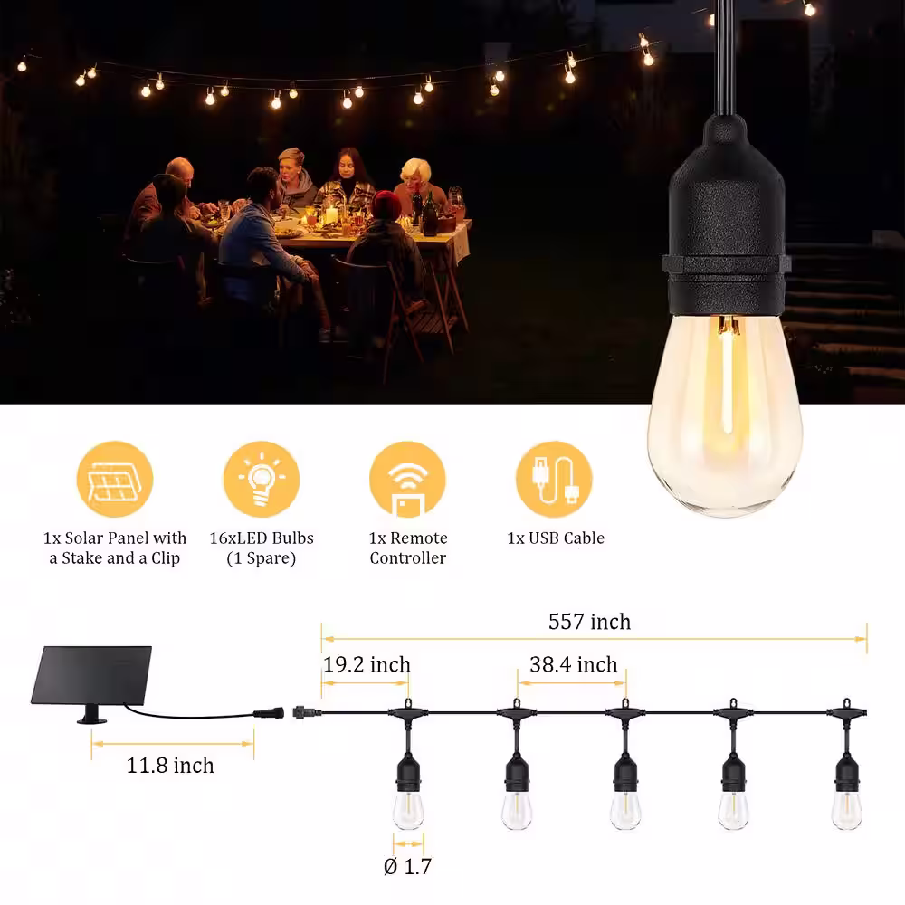 None 15 Bulbs 50 ft. Outdoor Solar LED Edison String-Light with Remote Control