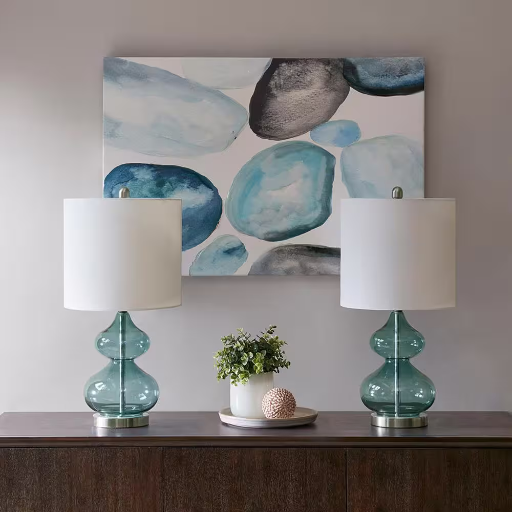 None 2-Lamp, 25 in. H Blue Modern A Bulb Type Table Lamp for Living Room with White Drum Shaped Shade