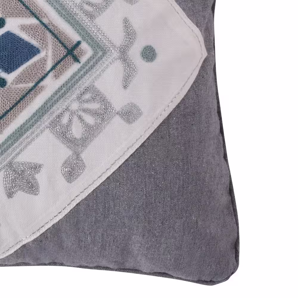 None Tania Grey, Teal, Navy, and White Embroidered Medallion 18 in. x 18 in. Throw Pillow