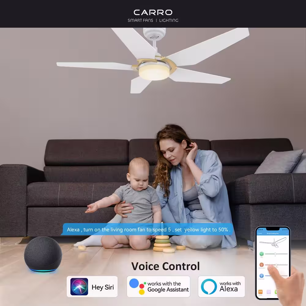 CARRO Voyager 52 in. Dimmable LED Indoor/Outdoor White Smart Ceiling Fan with Light and Remote, Works w/Alexa/Google Home