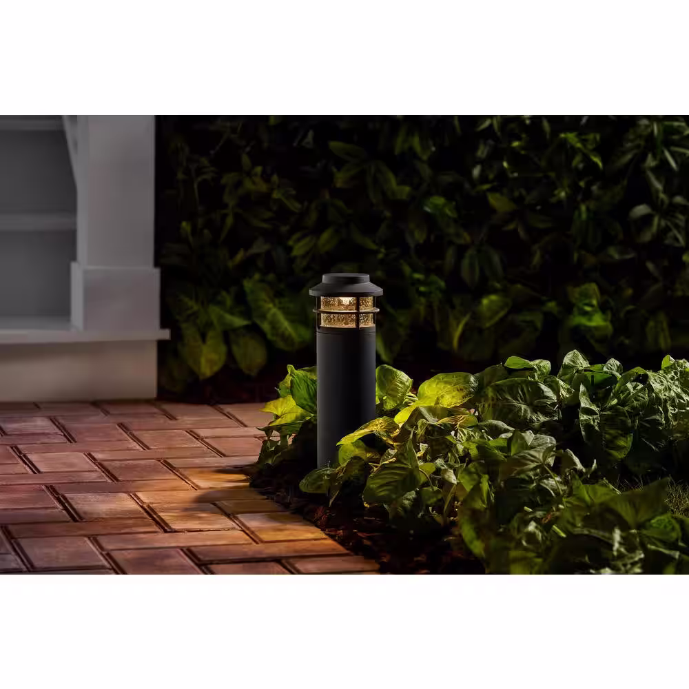 Hampton Bay Marion 25-Watt Equivalent 12 in. Black Low Voltage LED Outdoor Bollard Path Light with Seeded Glass