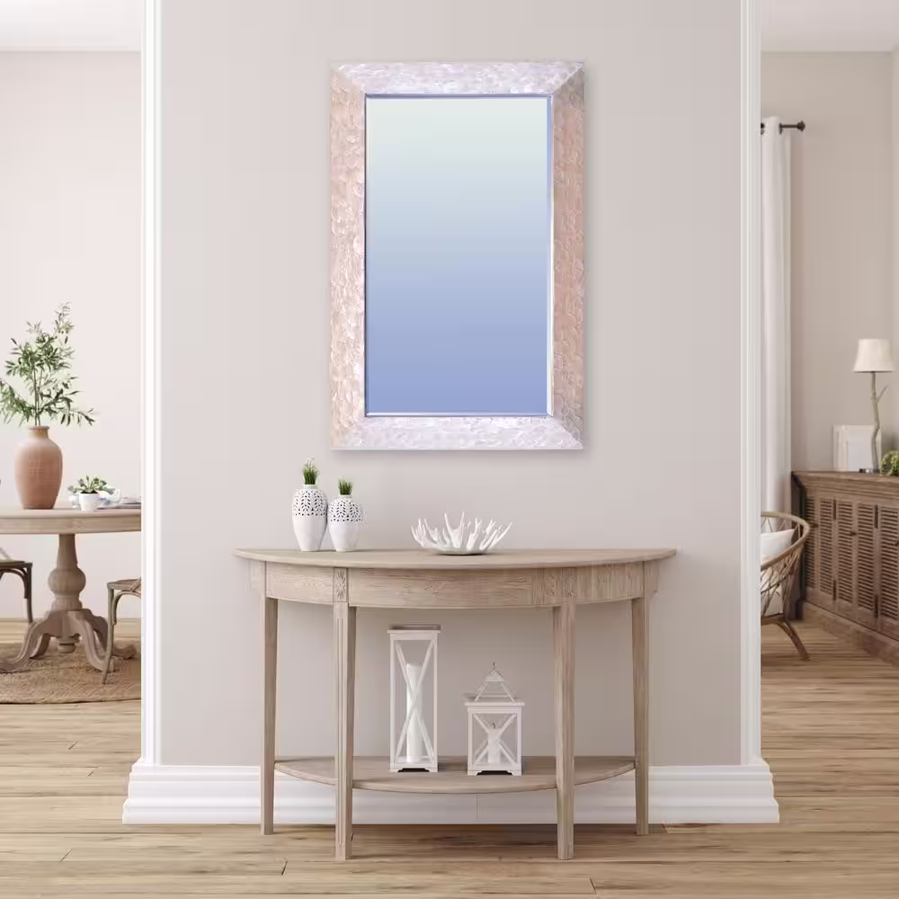 LA PASTICHE Seaside 36 in. W x 24 in. H Rectangle Ceramic Mother of Pearl Beige Framed Modern Decorative Mirror