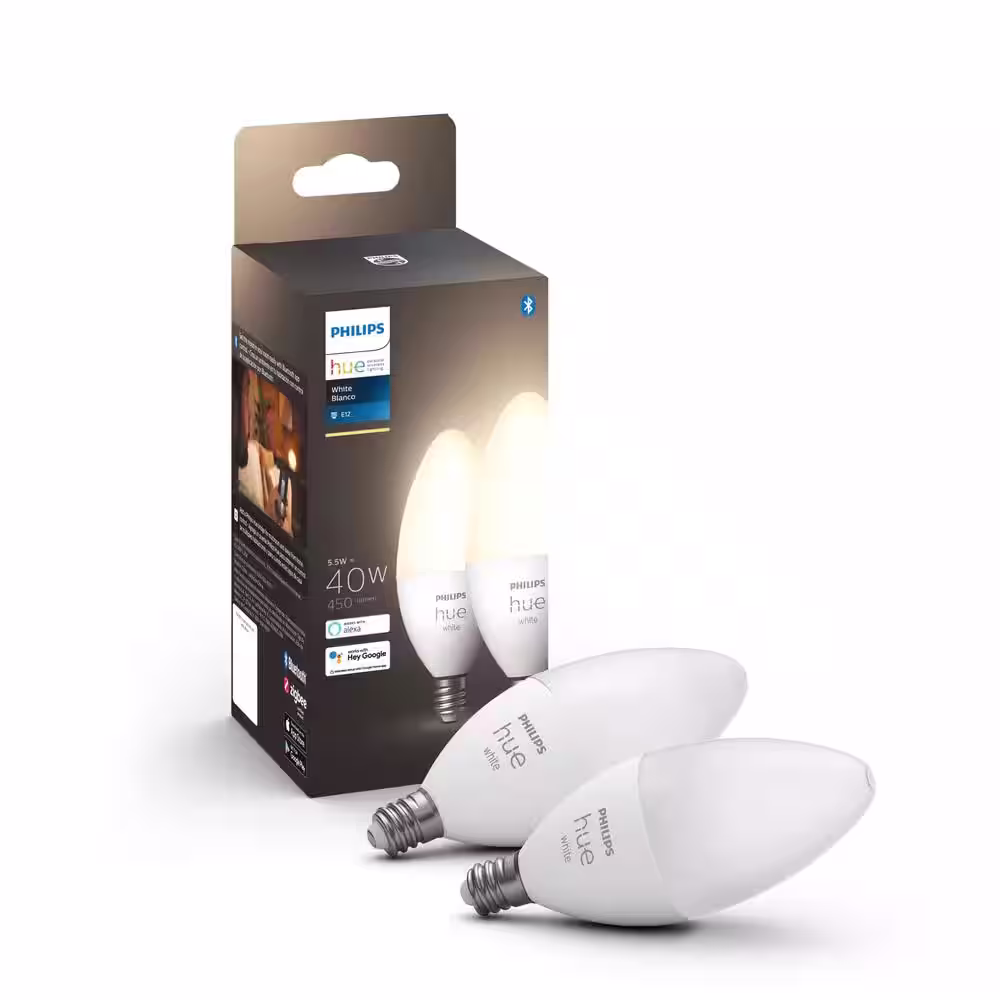 Philips Hue Soft White B11 LED 40W Equivalent Dimmable Smart Light Bulb with Bluetooth (2 Pack)