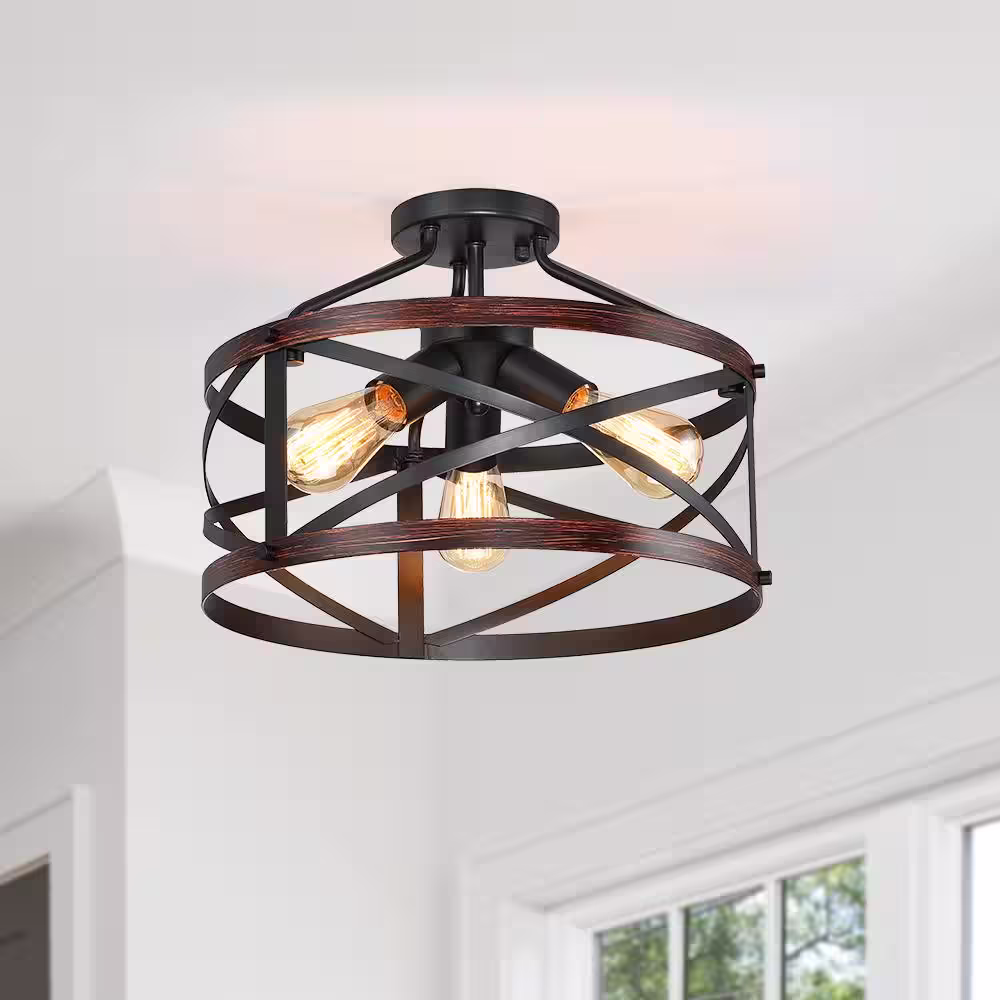 TRUE FINE Richwood 15 in. 3-Light Distressed Black/Wood Tone Rustic Semi-Flush Mount Ceiling Light