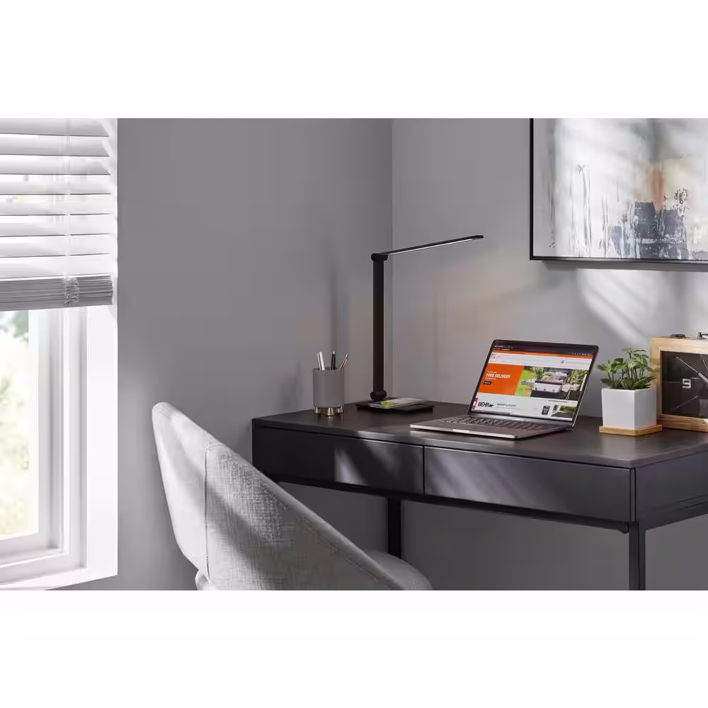 Hampton Bay 15 in. Black Wireless Charging Indoor Table Lamp with Plastic Shade