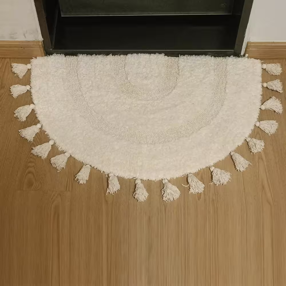None 20 in. x 32 in. Beige Half Circle Cotton Bathmat with Tassels Hand-Woven Bohemian Rugs with Rug Non-Slip Pad